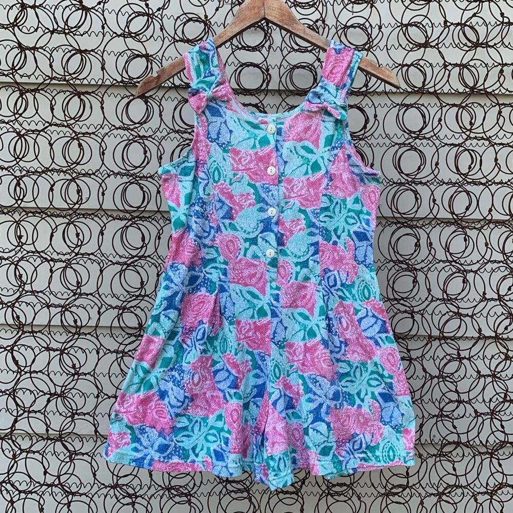 Vintage 90s sister be cool abstract art deco romper with bows at shoulder
